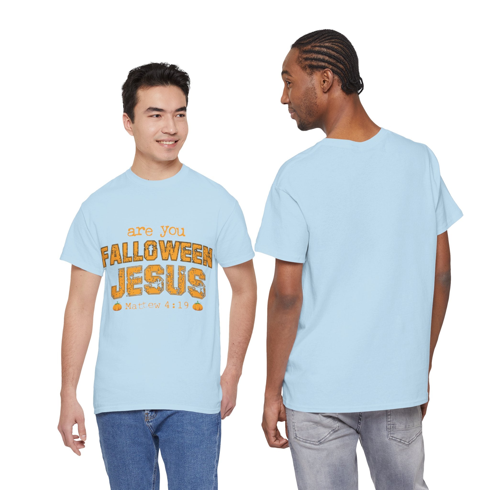 Christian Halloween T-Shirt — “Are You Falloween Jesus? Matthew 4:19” Distressed Pumpkin Design. Unisex Cotton Tee
