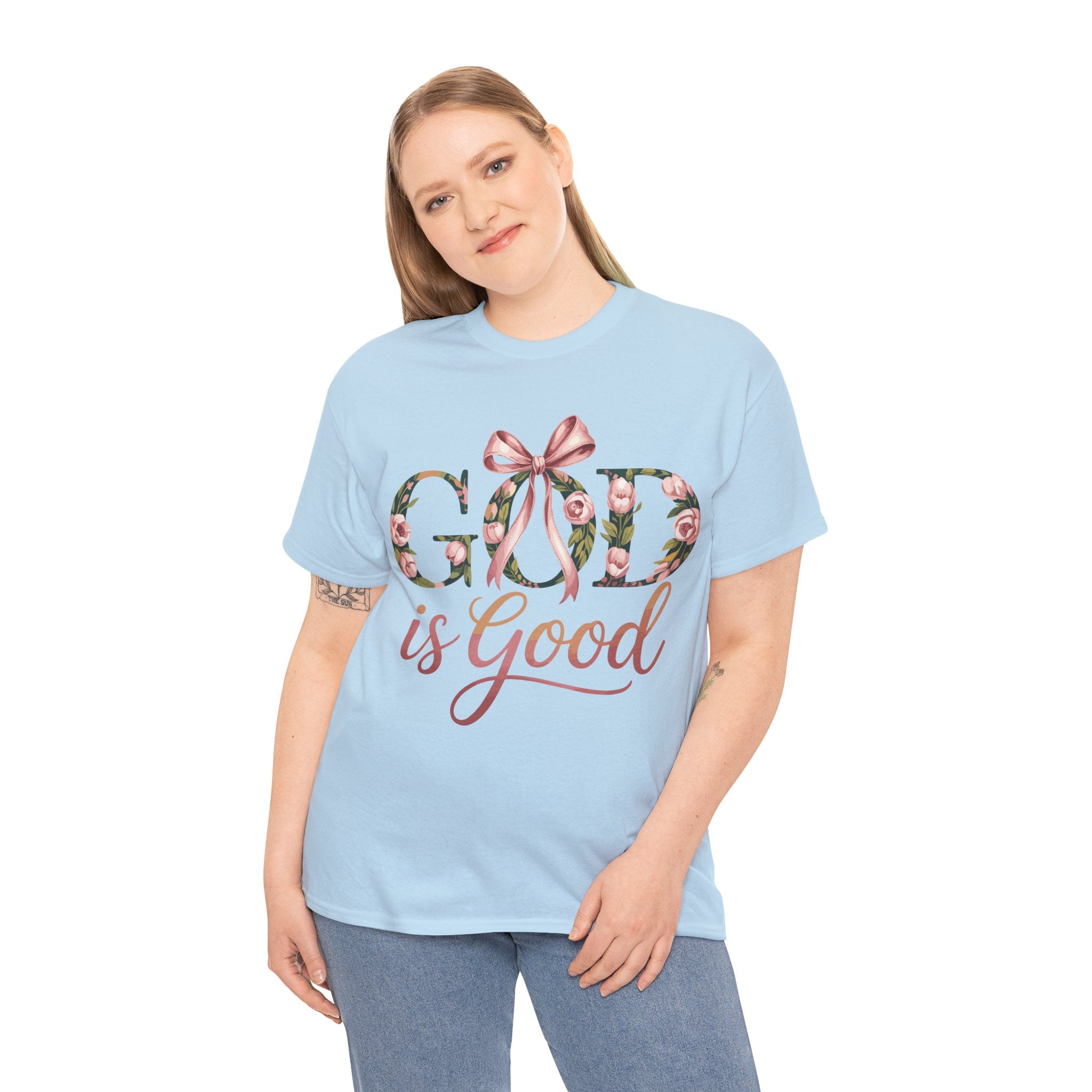 God Is Good Pink Rose Tee — Floral Ribbon Faith Unisex Cotton T-Shirt