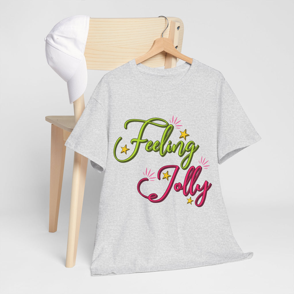 Feeling Jolly Tee — Festive Green & Pink Script with Yellow Stars Unisex Cotton Tee