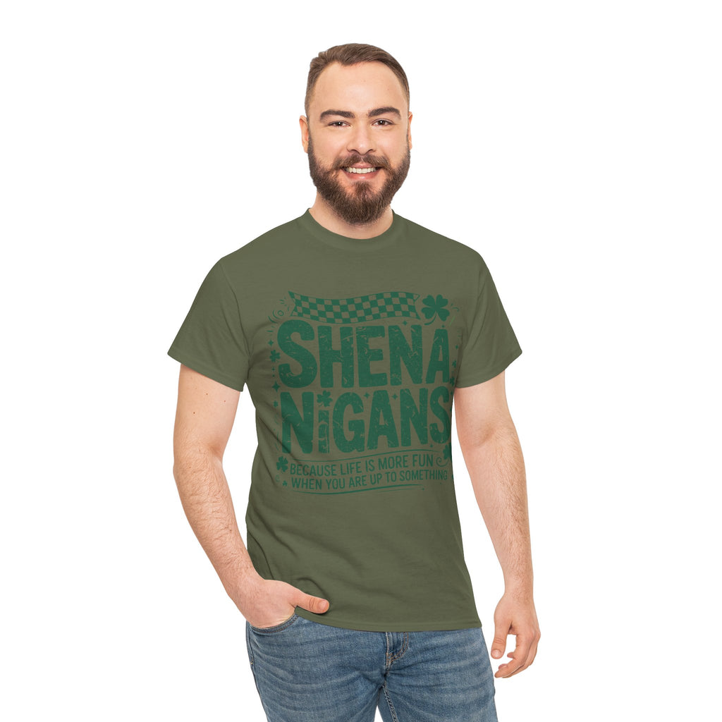 Shenanigans Clover Tee — Bright Green St. Patrick’s Day Shirt with Checkered Flag Unisex Cotton Tee