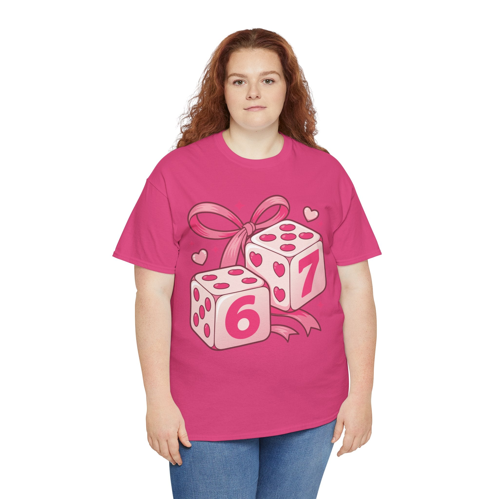 Lucky Love Dice T-Shirt — Pink Heart Dice with Bow..Unisex Cotton Tee