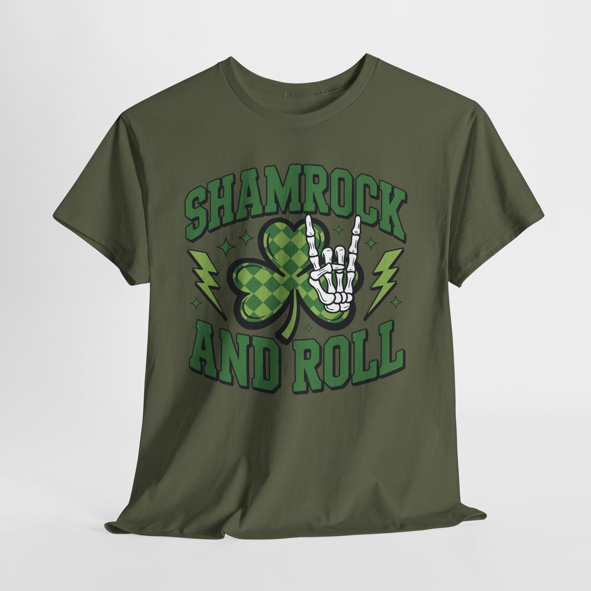 Shamrock and Roll Tee — Skeleton Hand & Lightning St. Patrick’s Rock Unisex Cotton Shirt