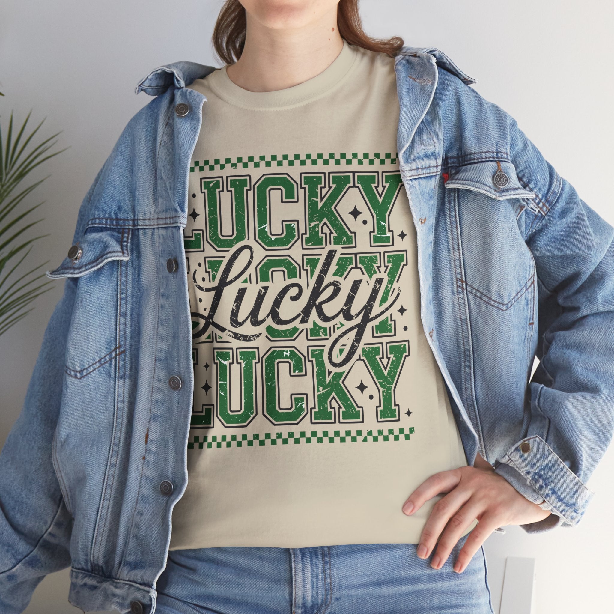 Lucky Varsity Tee — Layered Green ‘Lucky’ Graphic Unisex Cotton Tee