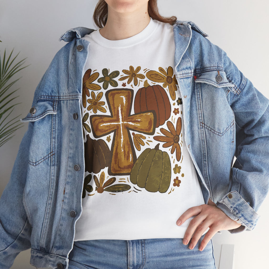 Autumn Cross Tee — Rustic Pumpkin & Fall Floral Christian Unisaex Cotton T-Shirt
