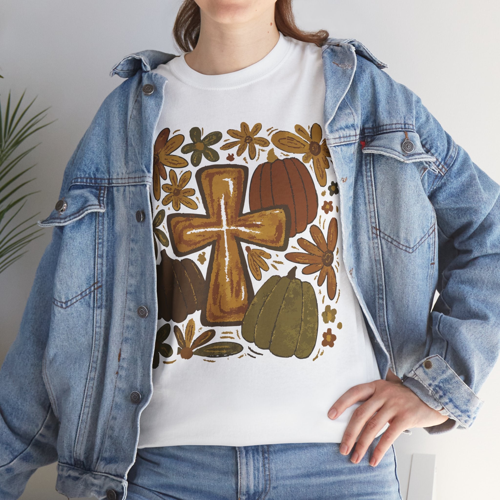 Autumn Cross Tee — Rustic Pumpkin & Fall Floral Christian Unisaex Cotton T-Shirt