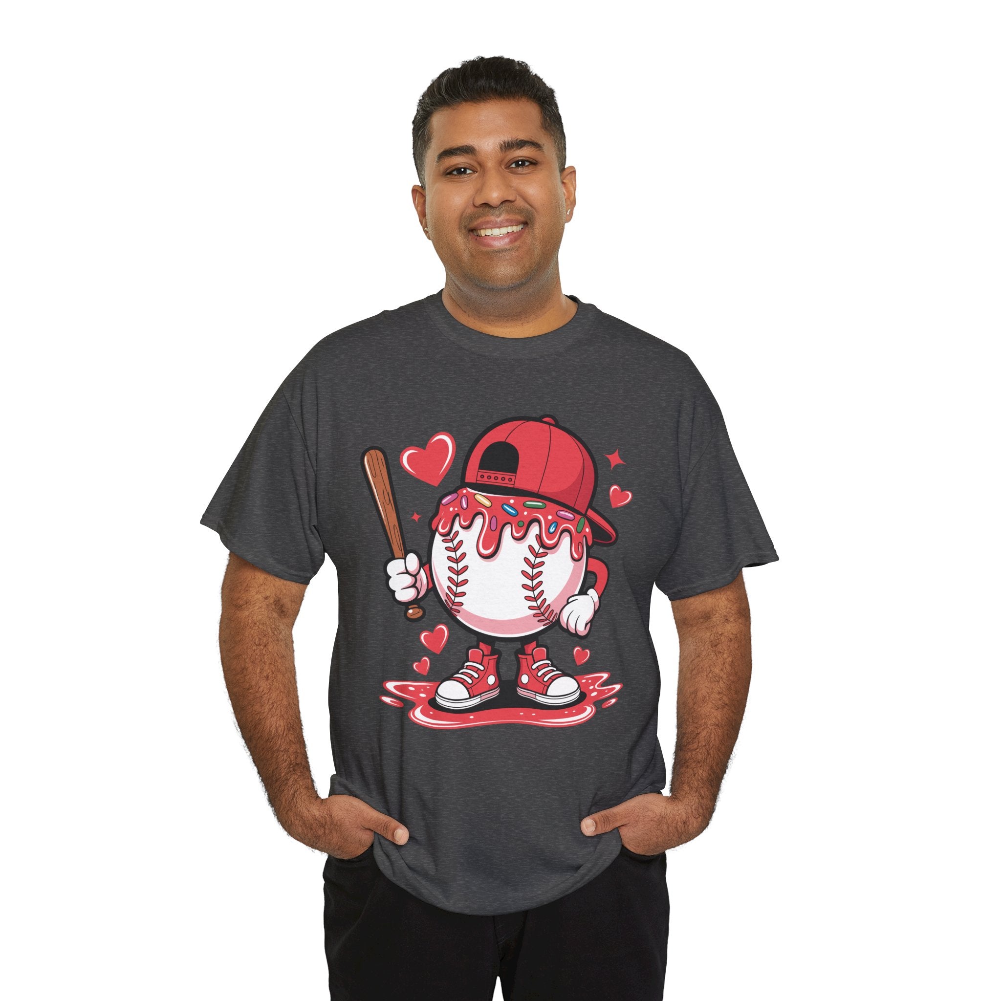 Cute Baseball Character T-Shirt — Red Cap & Icing Top Graphic with Hearts Unisex Cotton Tee