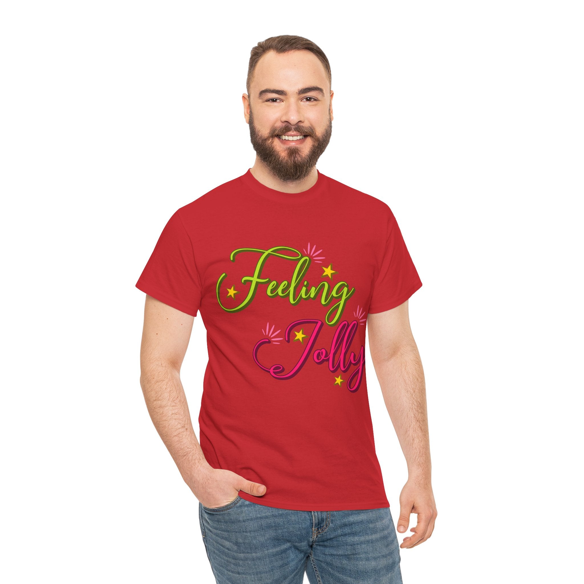 Feeling Jolly Tee — Festive Green & Pink Script with Yellow Stars Unisex Cotton Tee