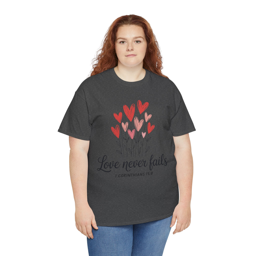 Christian Valentine T-Shirt — "Love Never Fails" (1 Corinthians 13:8) Unisex Cotton Tee