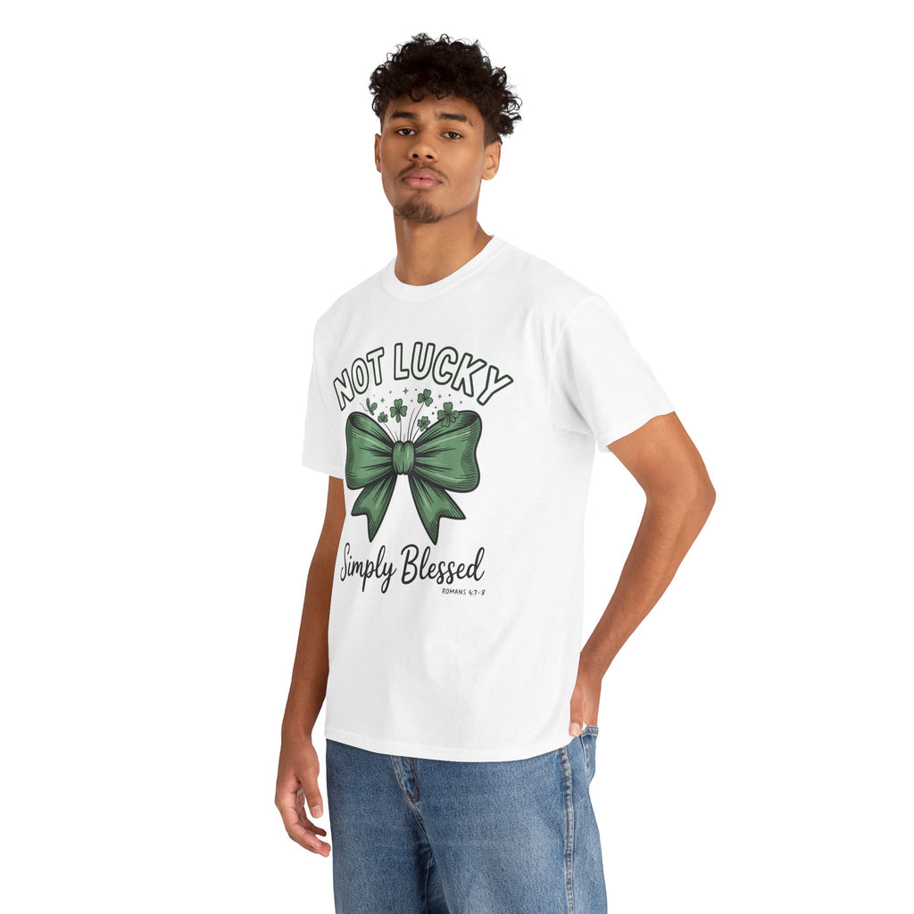Not Lucky, Simply Blessed T-Shirt — Green Bow & Clovers St. Patrick’s Unisex Cotton Tee