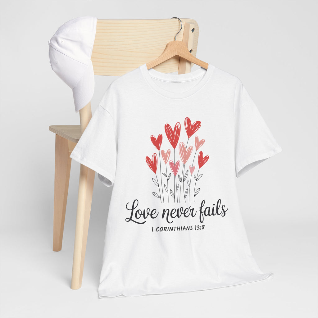 Christian Valentine T-Shirt — "Love Never Fails" (1 Corinthians 13:8) Unisex Cotton Tee