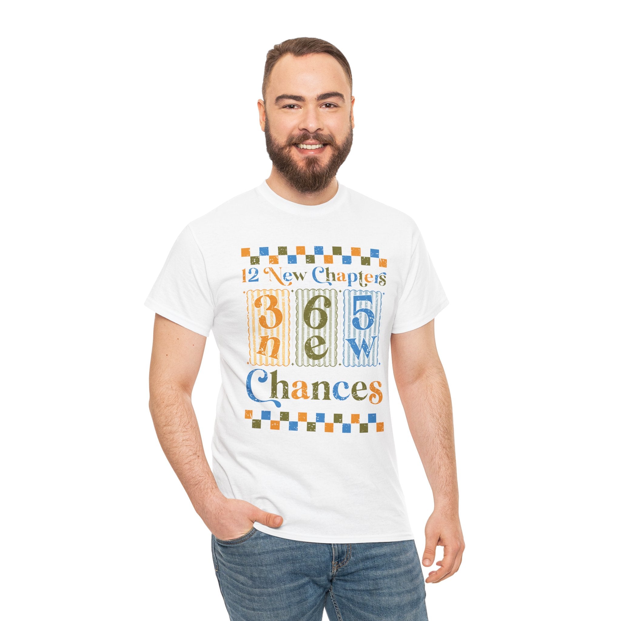 Retro '12 New Chapters, 365 New Chances' T-Shirt — Colorful Distressed Vintage Unisex Cotton Tee