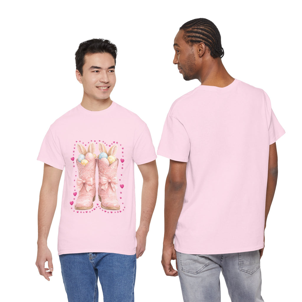Easter Pink Western Boots Tee — Pastel Bunny Eggs & Bows Unisex Cotton Tee
