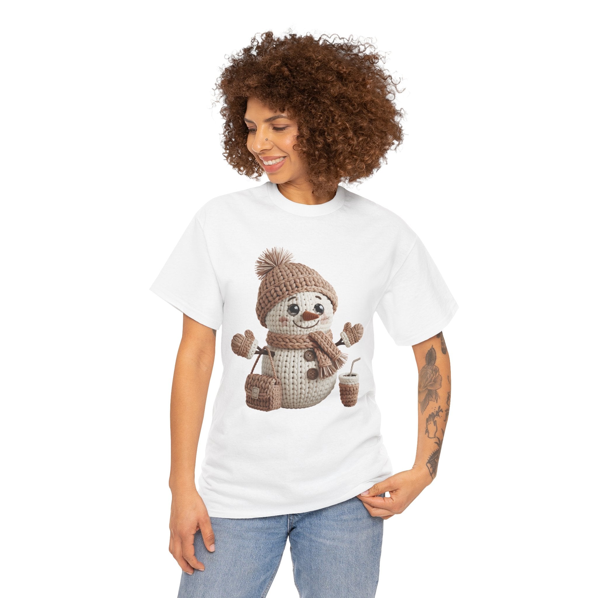 Snowman Knit‑Style Graphic Tee — Cute Faux‑Yarn Snowman with Hat, Scarf & Mittens.Unisex Cotton Tee