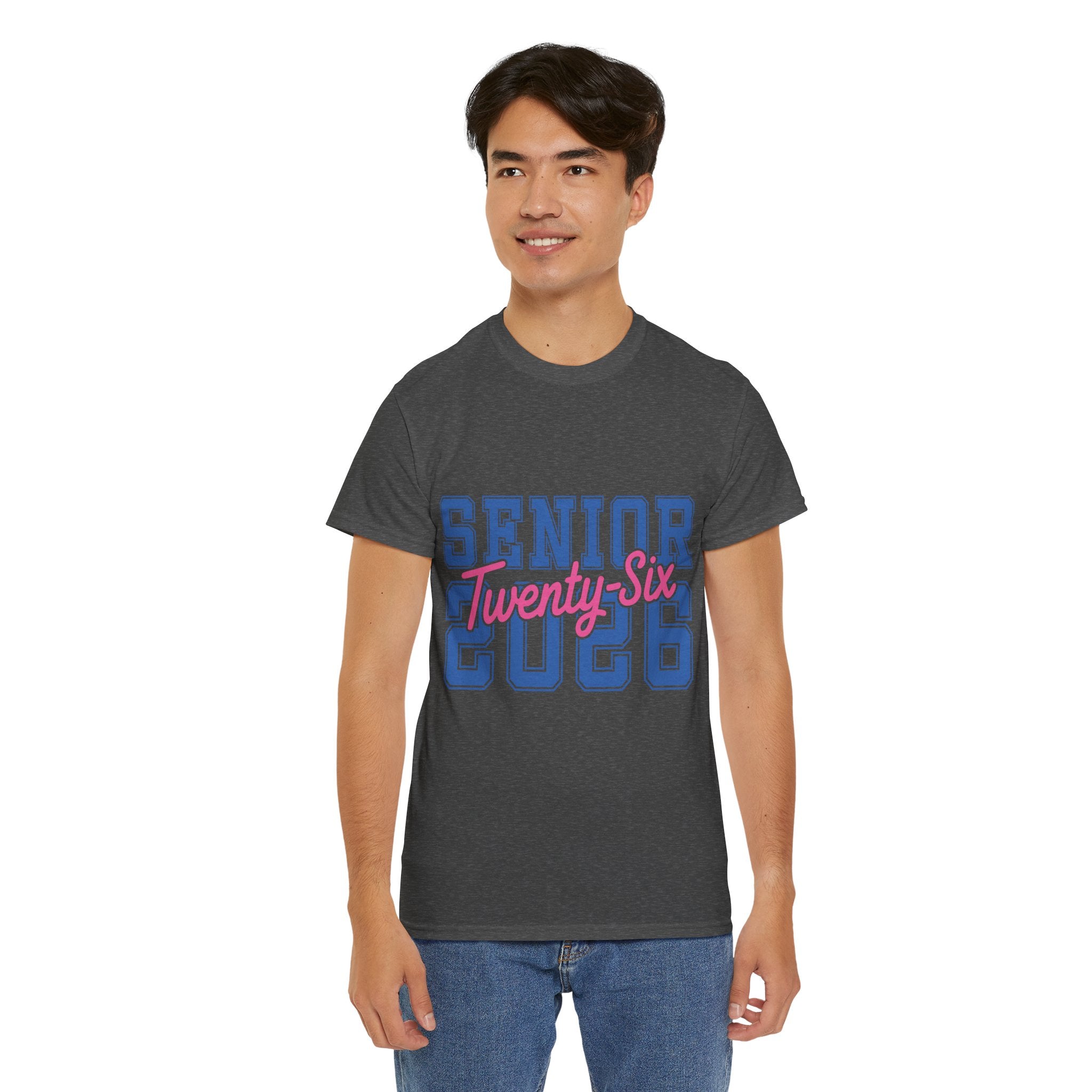 Senior 2026 Tee — Pink Varsity Block with Blue Script Overlay Unisex Cotton Tee