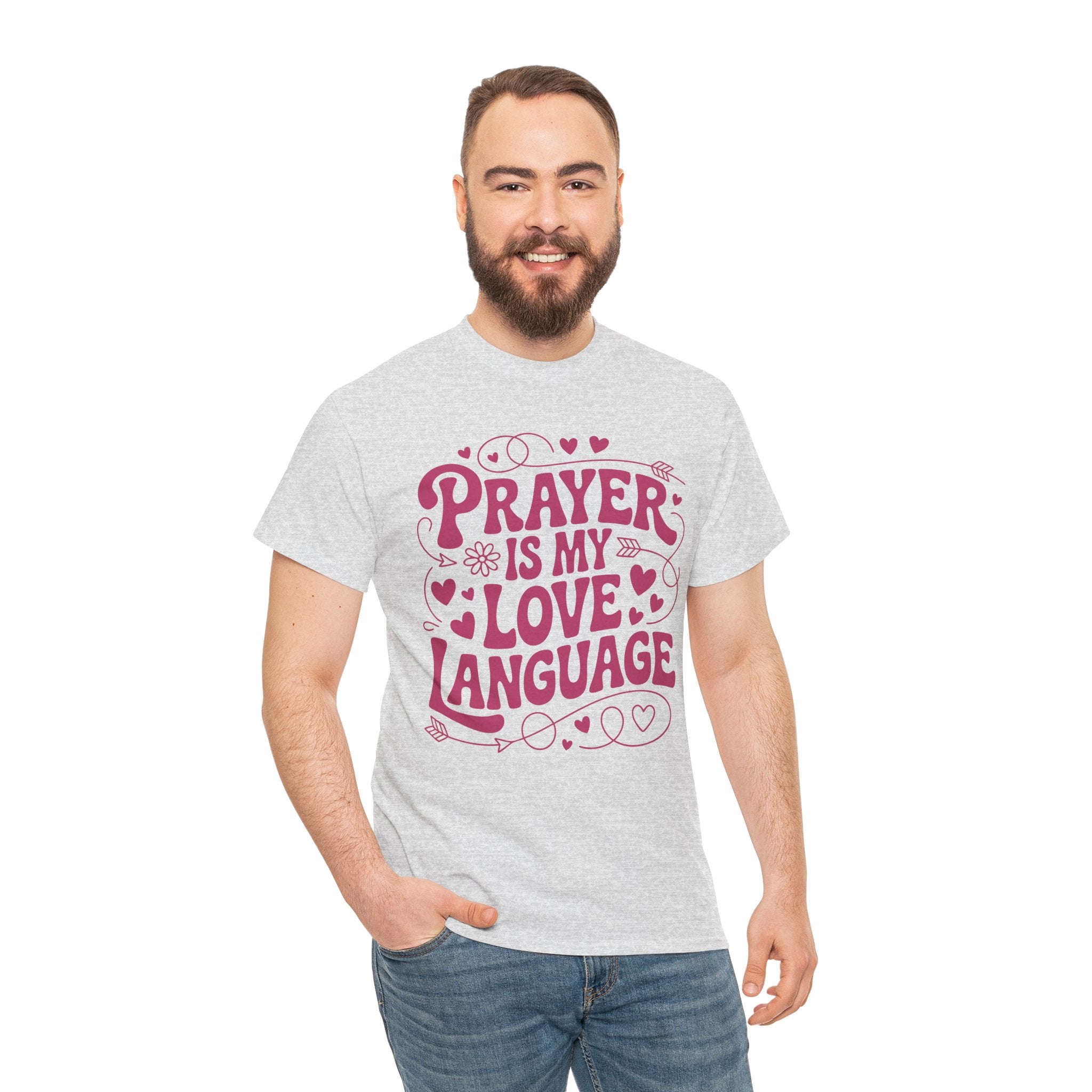 Prayer Is My Love Language Christian Tee — Pastel Pink Hearts Unisex Cotton Tee