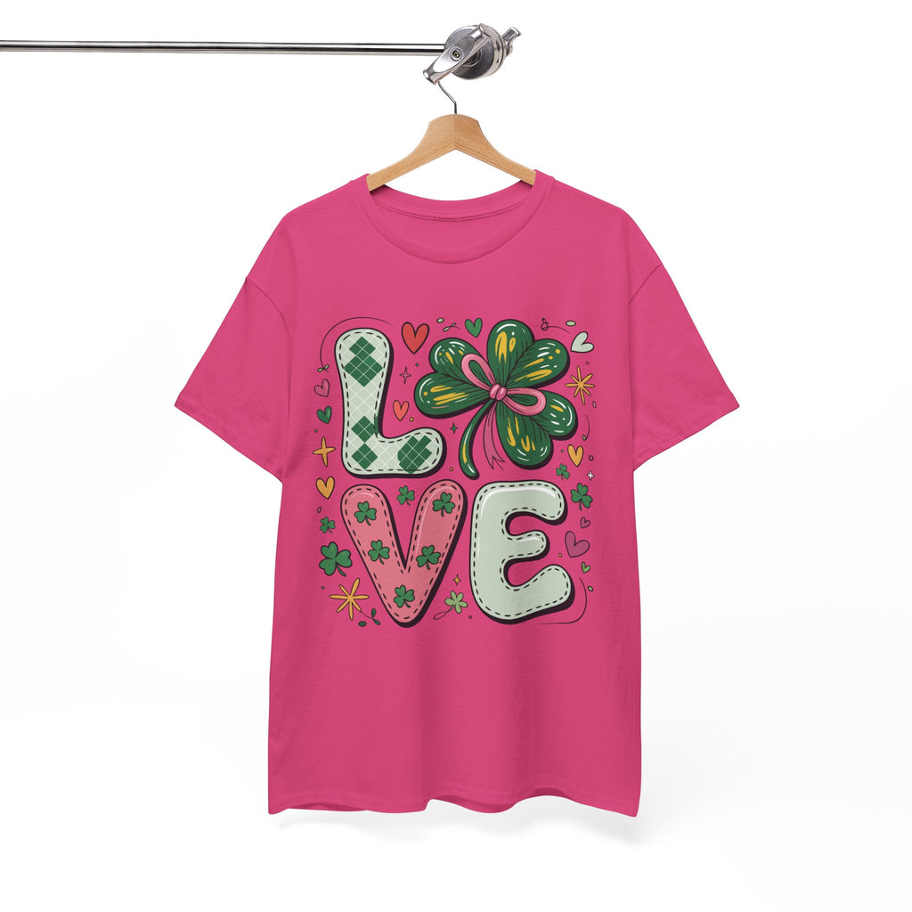 Stitched Clover 'LOVE' Tee — Heart & Patchwork St. Patrick's Unisex Cotton T-Shirt