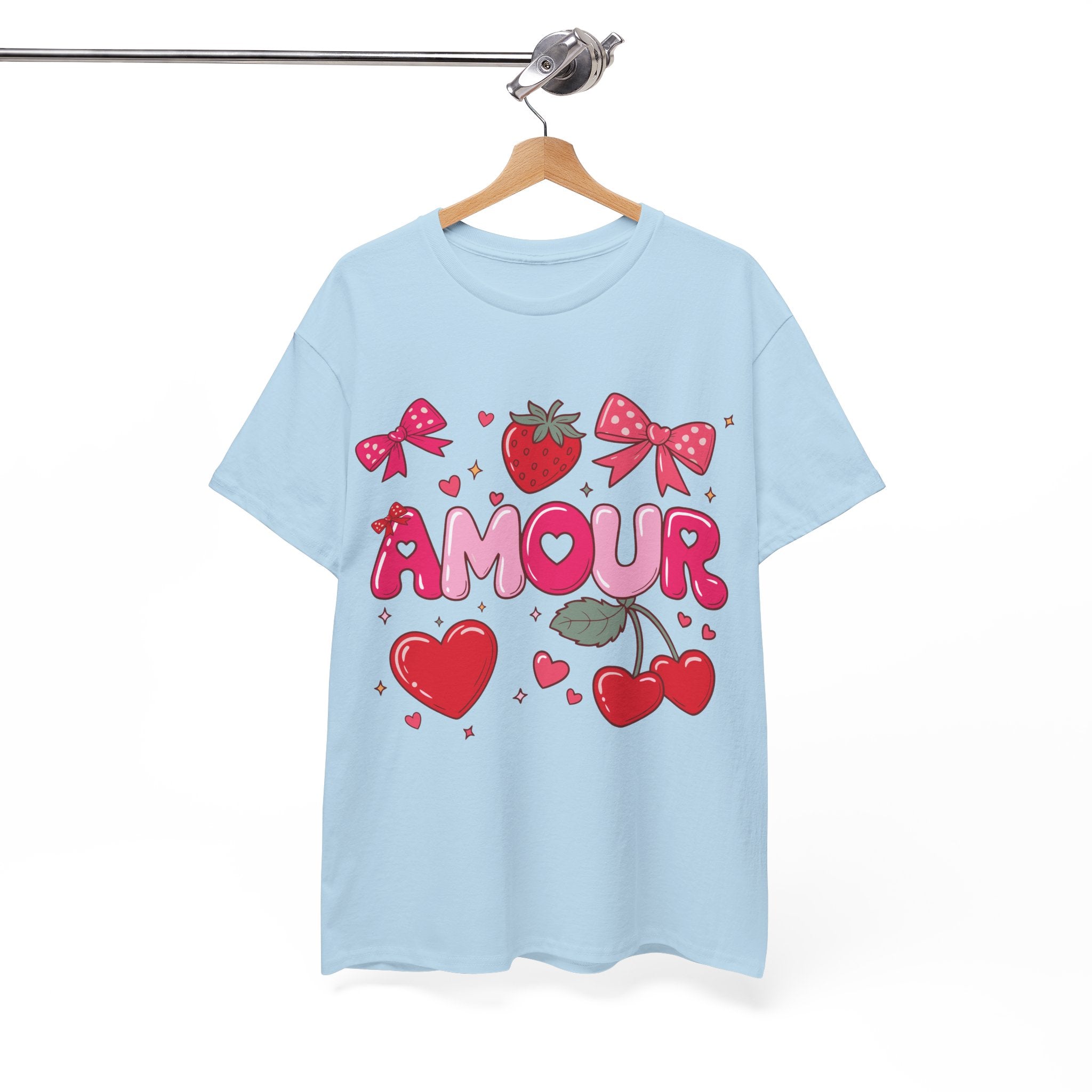 Amour Pink Hearts Tee — Shiny Lettering with Bows, Cherries & Strawberry Accent...Unisex Cotton Tee