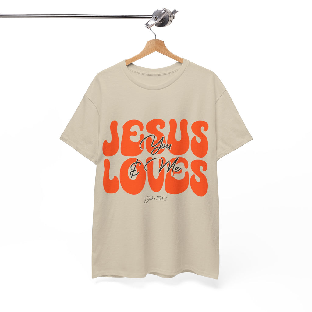 Jesus Loves You & Me Retro Tee — Playful Orange Bubbly Christian Unisex Cotton T-Shirt