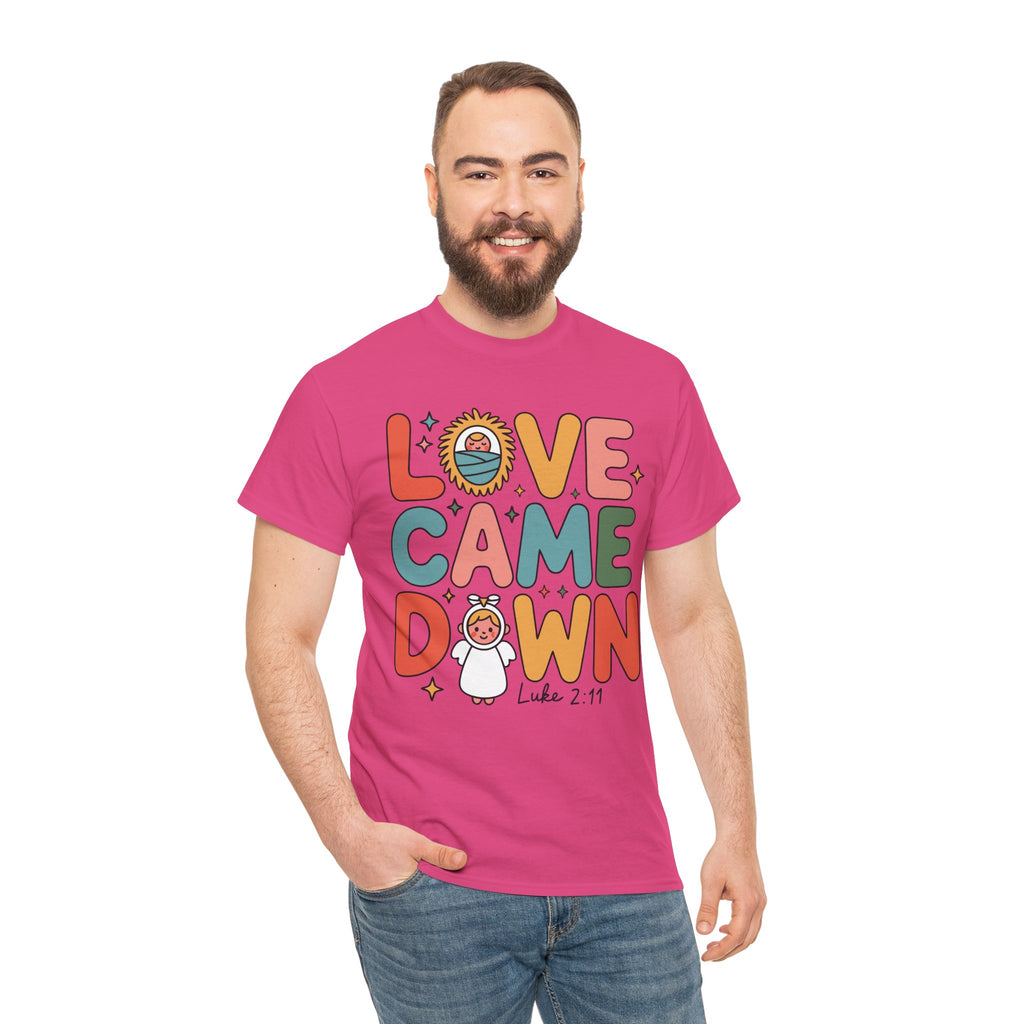 Love Came Down Christmas Tee — Baby Jesus Manger Angel (Luke 2:11)..Unisex Cotton Tee
