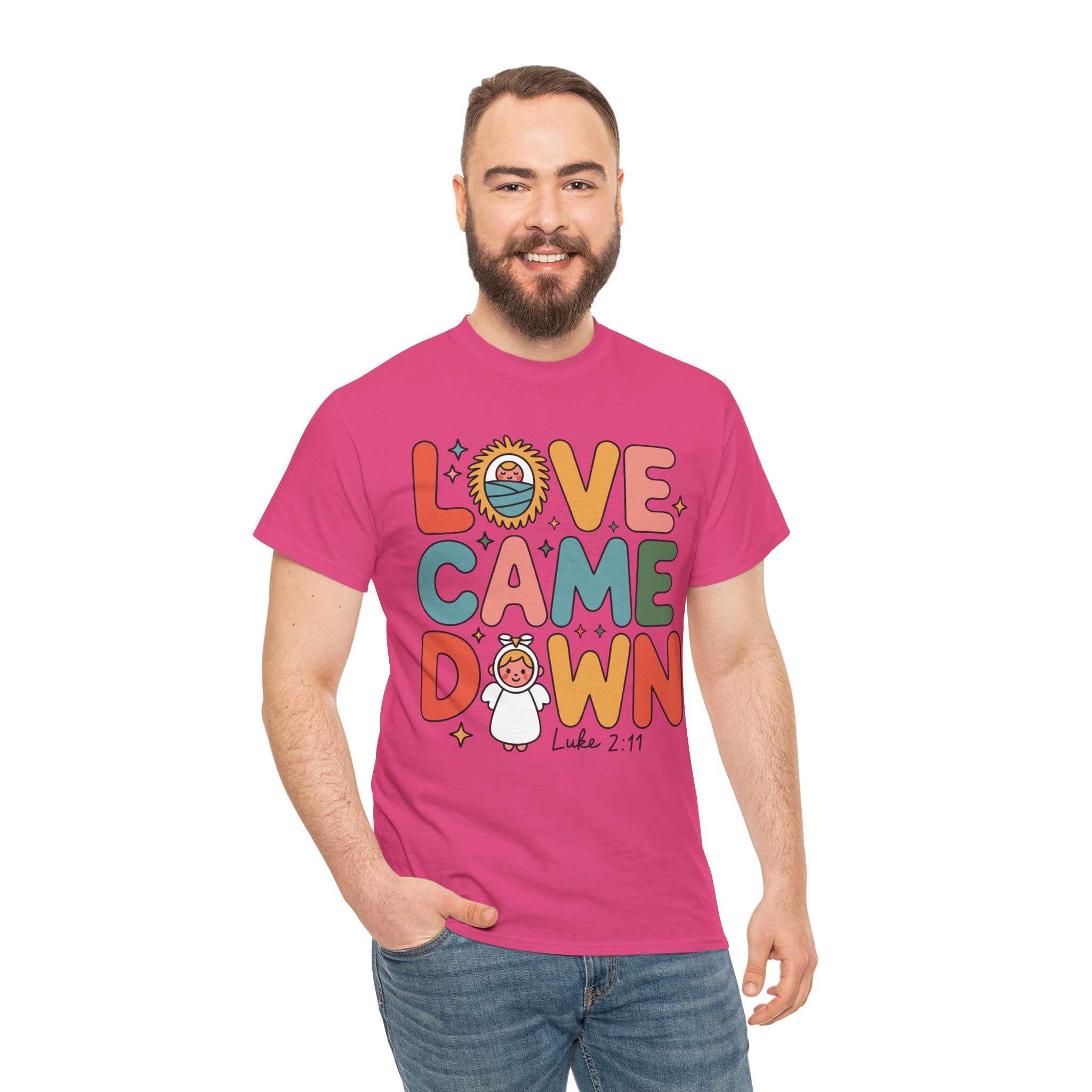 Love Came Down Christmas Tee — Baby Jesus Manger Angel (Luke 2:11)..Unisex Cotton Tee