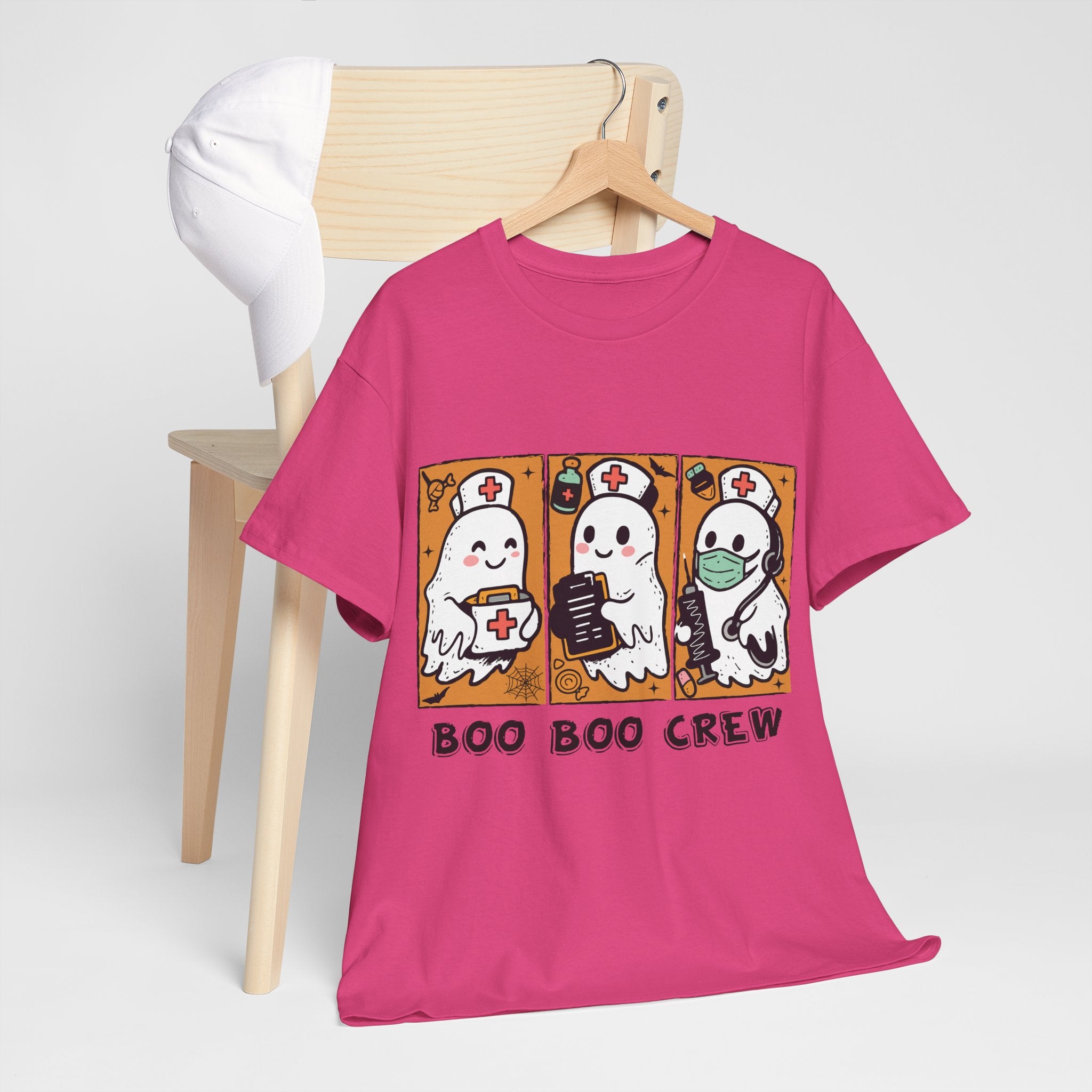 Halloween Nurse T-Shirt — Ghost Nurses Holding Medical Tools on Orange Unisec Cotton Tee