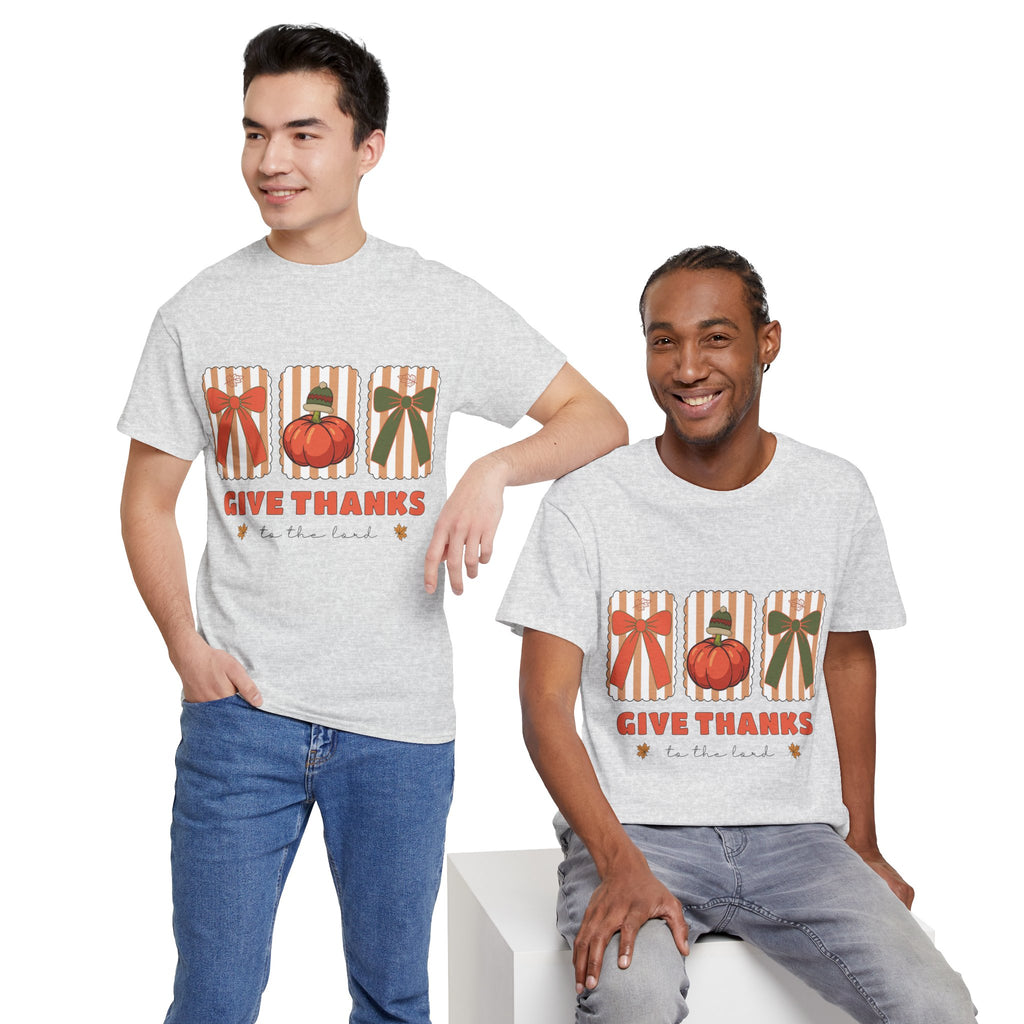 Give Thanks Thanksgiving T-Shirt — Pumpkin with Hat & Bows Unisex Cotton Tee