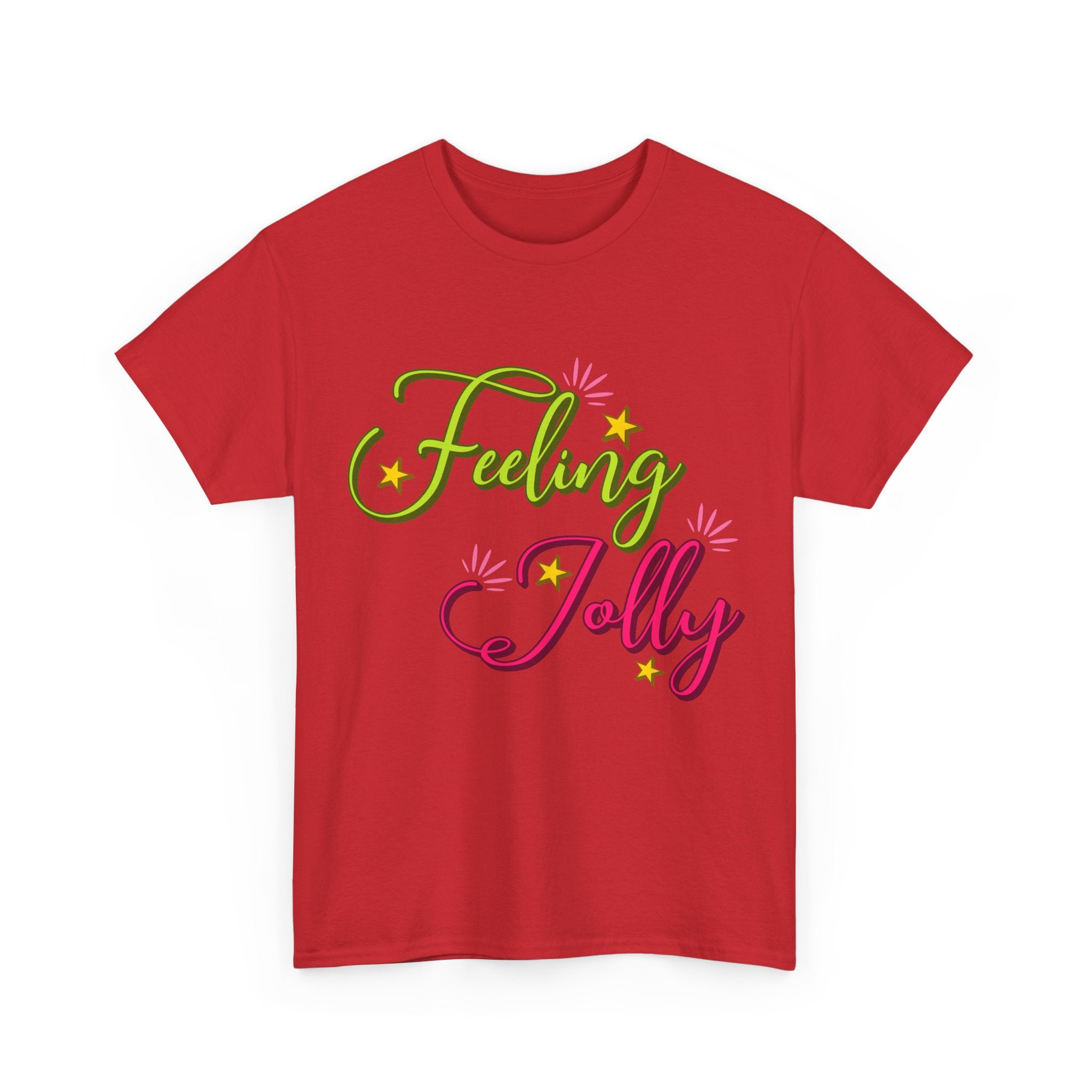 Feeling Jolly Tee — Festive Green & Pink Script with Yellow Stars Unisex Cotton Tee