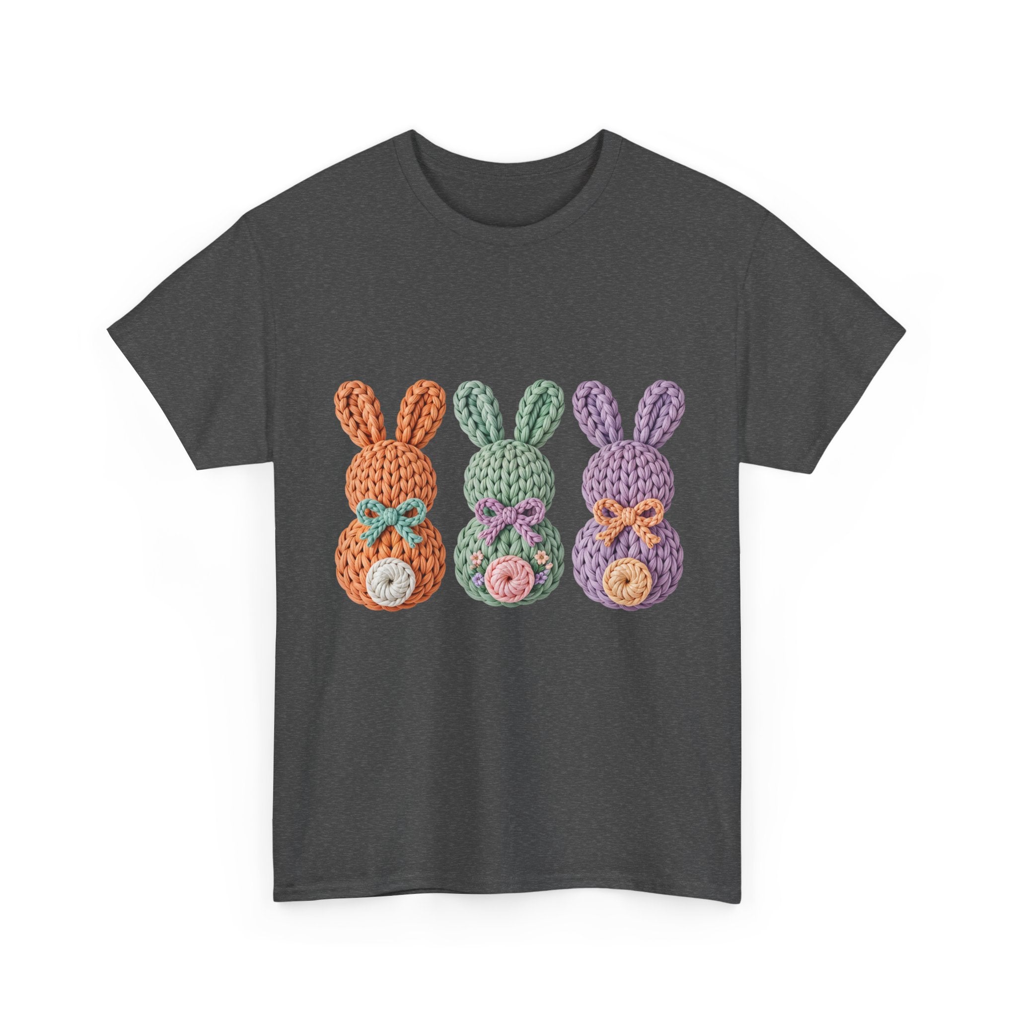 Pastel Crochet Bunny Tee — Trio of Faux Knit Bunnies with Bows & Flowers Unisex Cotton Tee