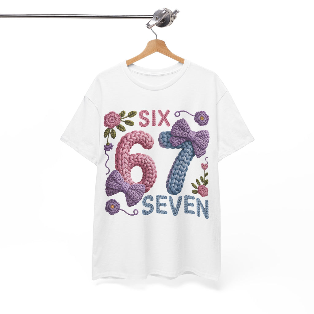 Pastel Crochet Numbers 6 & 7 Tee — Faux-Yarn Bows & Flowers. Unisex Cotton Tee