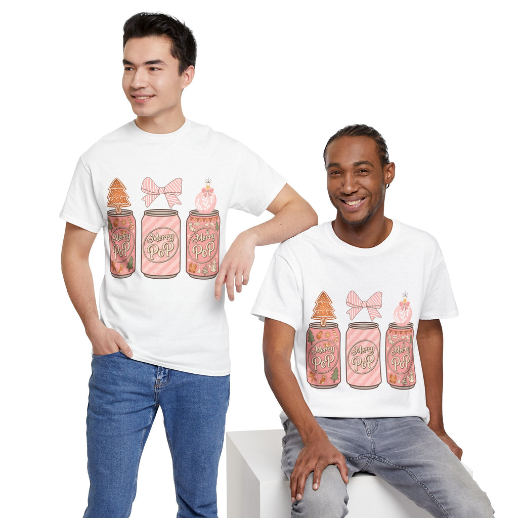Merry Pop Christmas Soda Can Tee — Pastel Holiday Graphic Unisex Cotton T-Shirt
