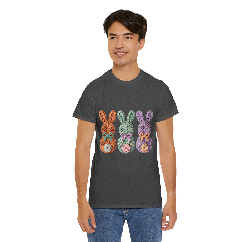Pastel Crochet Bunny Tee — Trio of Faux Knit Bunnies with Bows & Flowers Unisex Cotton Tee