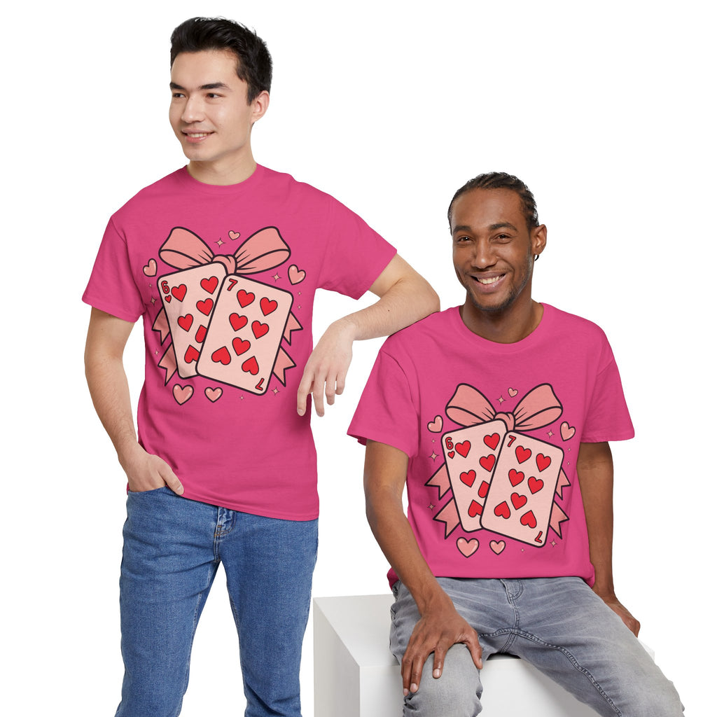 6 & 7 of Hearts T-Shirt — Paired Playing Cards with Pink Bow Unisex Cotton Tee