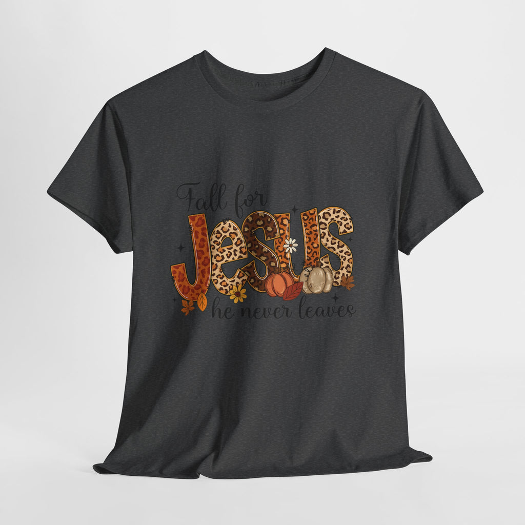 JESUS Leopard Print Fall T-Shirt — Pumpkins, Leaves & Floral Christian Unisex Cotton Tee