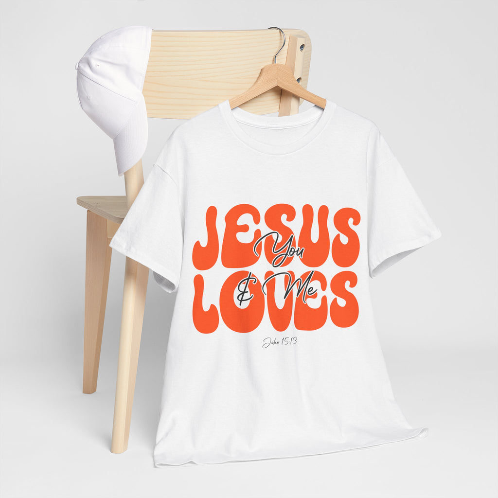 Jesus Loves You & Me Retro Tee — Playful Orange Bubbly Christian Unisex Cotton T-Shirt