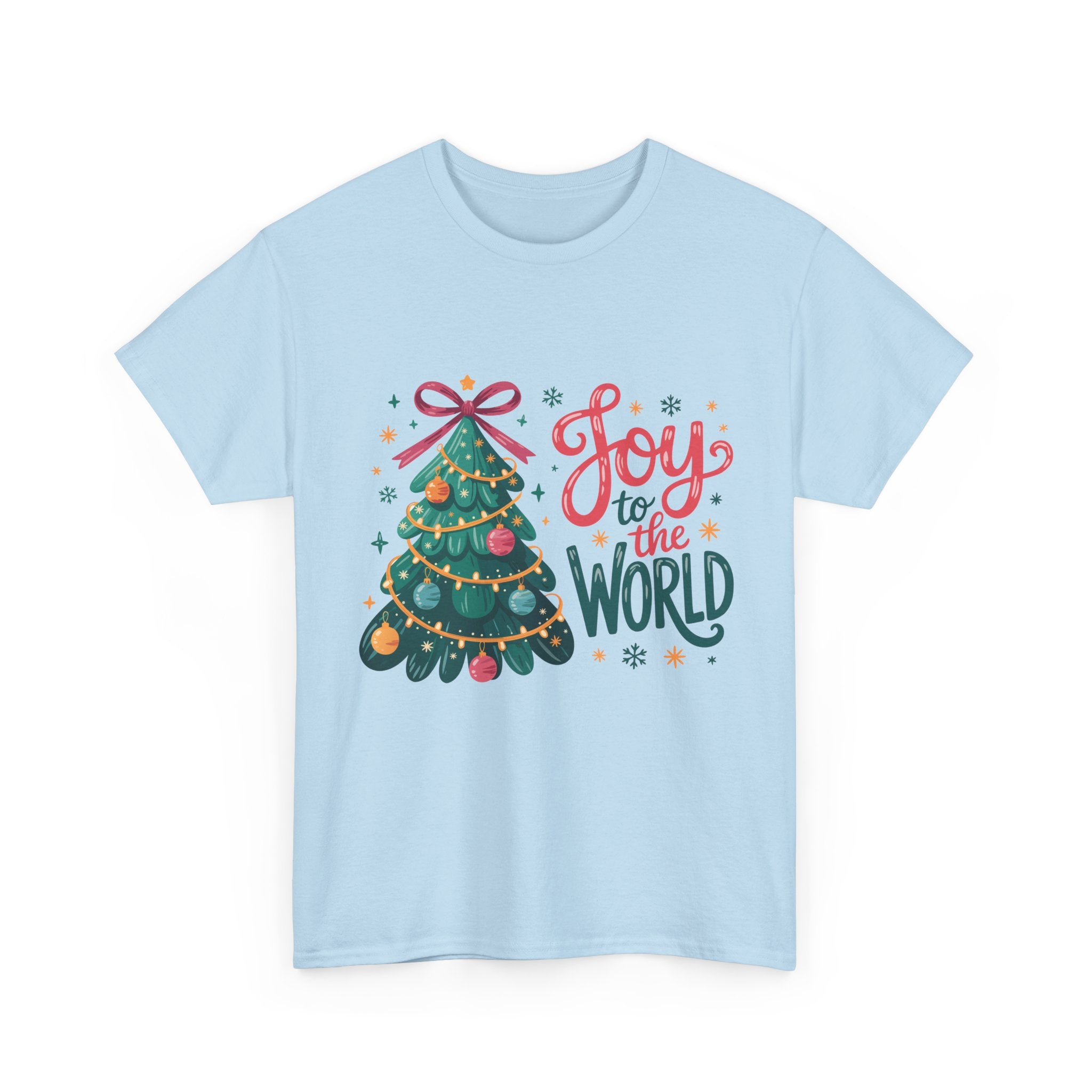 Joy to the World Christmas Tee — Festive Tree with Pink Bow..Unisex Cotton Tee