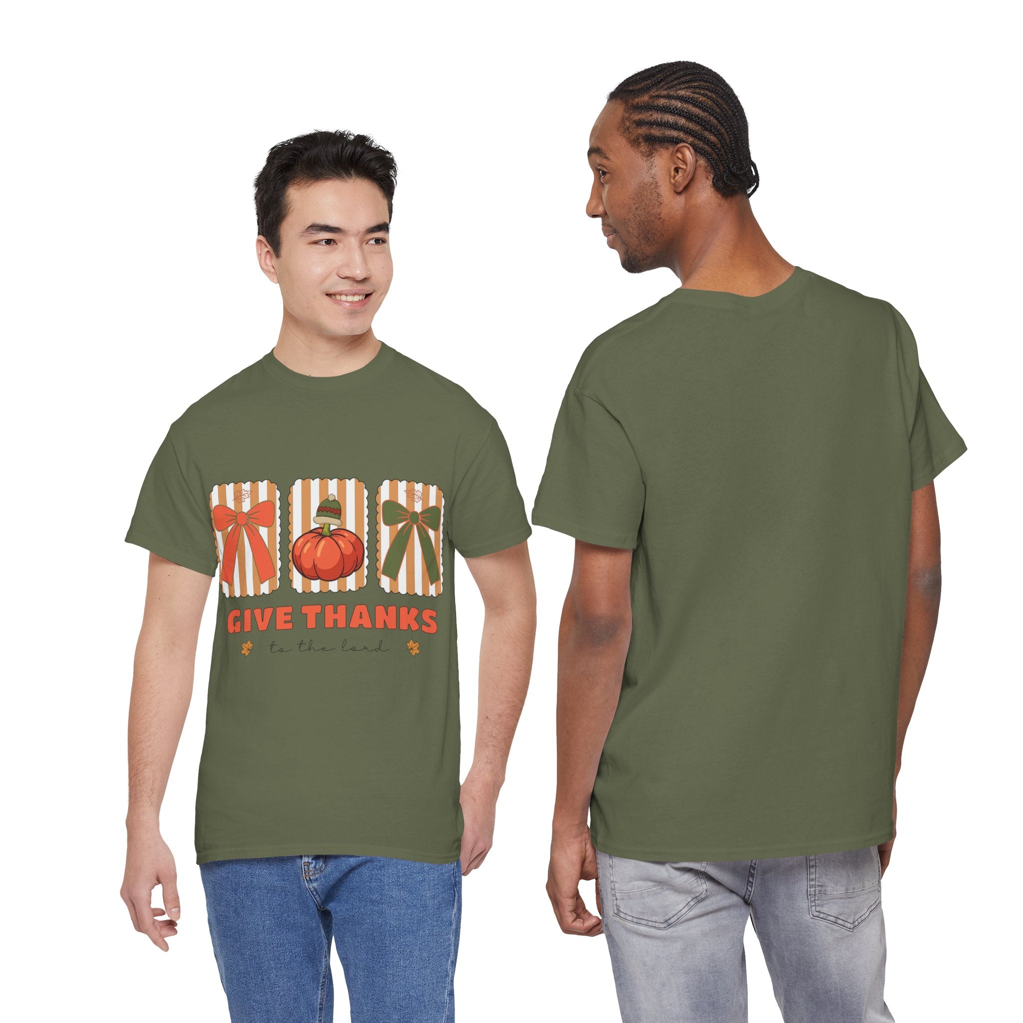 Give Thanks Thanksgiving T-Shirt — Pumpkin with Hat & Bows Unisex Cotton Tee