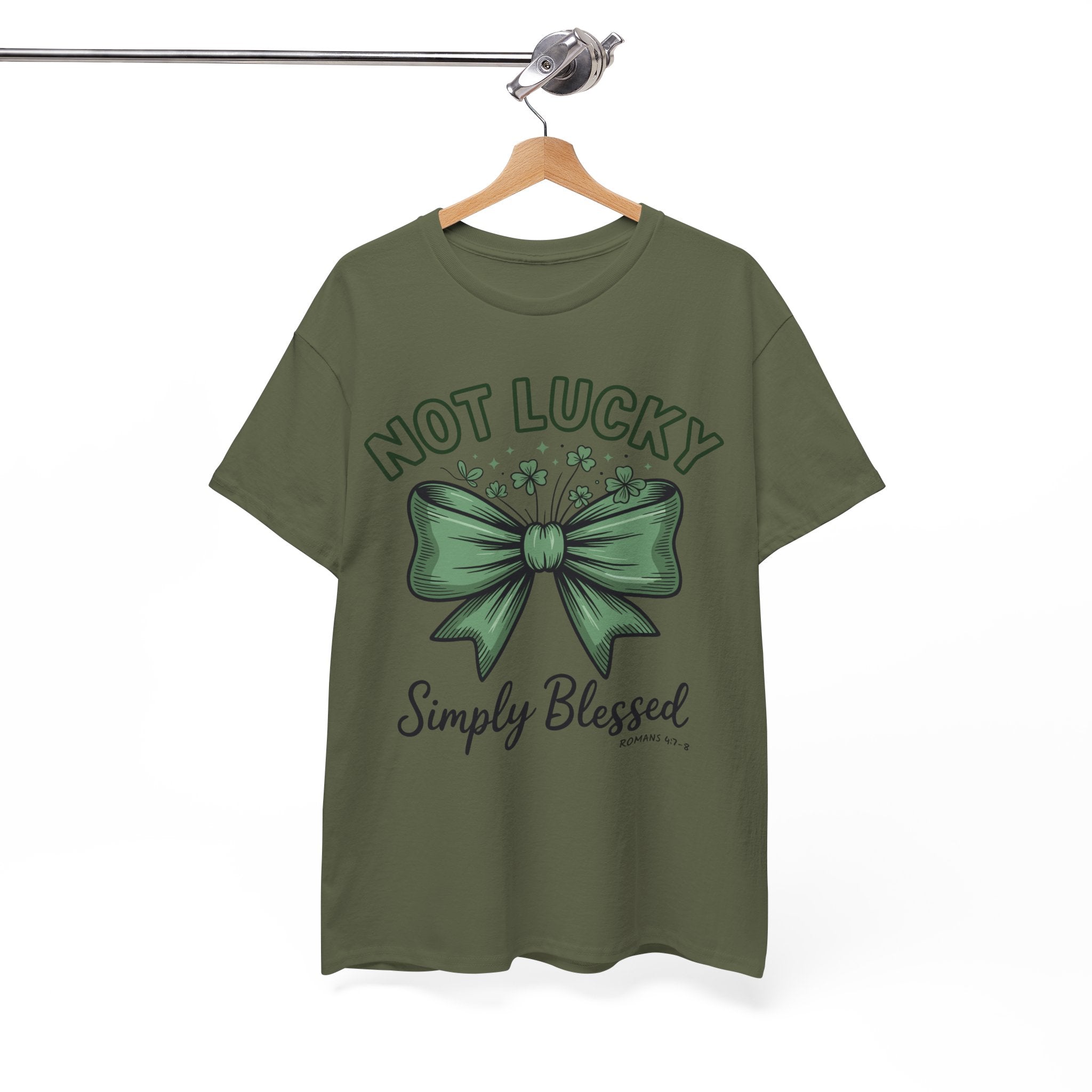 Not Lucky, Simply Blessed T-Shirt — Green Bow & Clovers St. Patrick’s Unisex Cotton Tee