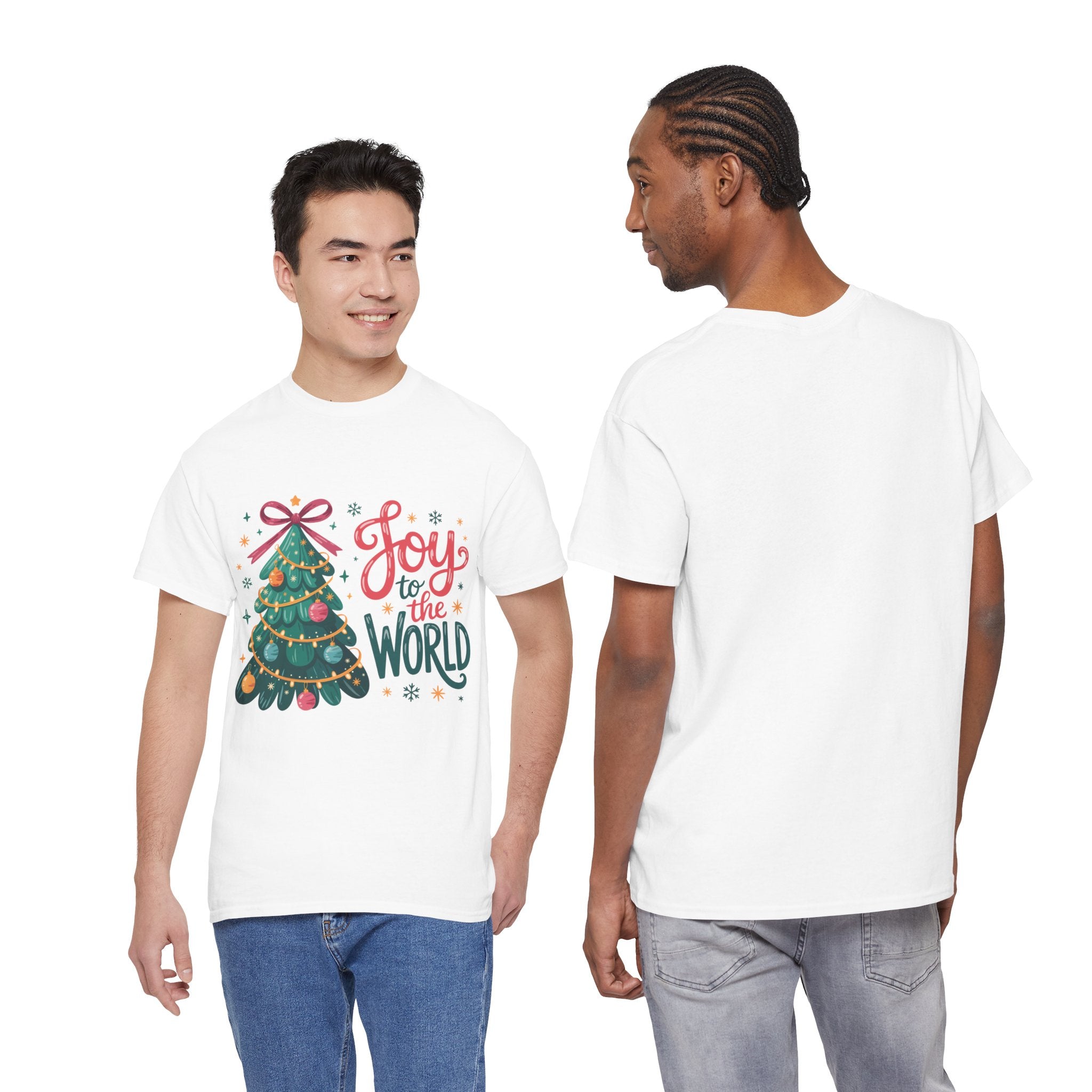 Joy to the World Christmas Tee — Festive Tree with Pink Bow..Unisex Cotton Tee