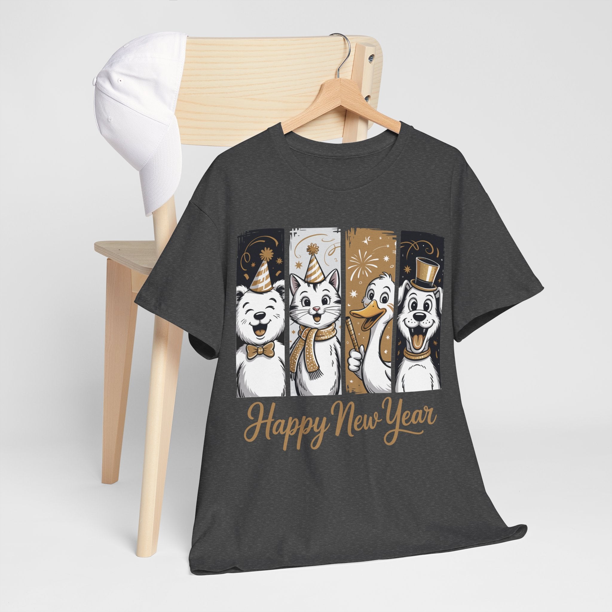 Happy New Year Party Animals T-Shirt — Cute Smiling Animals in Party Hats & Gold Fireworks..Unisex Cotton Tee