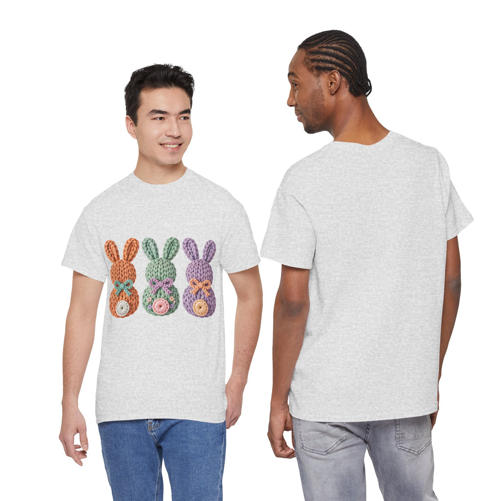 Pastel Crochet Bunny Tee — Trio of Faux Knit Bunnies with Bows & Flowers Unisex Cotton Tee