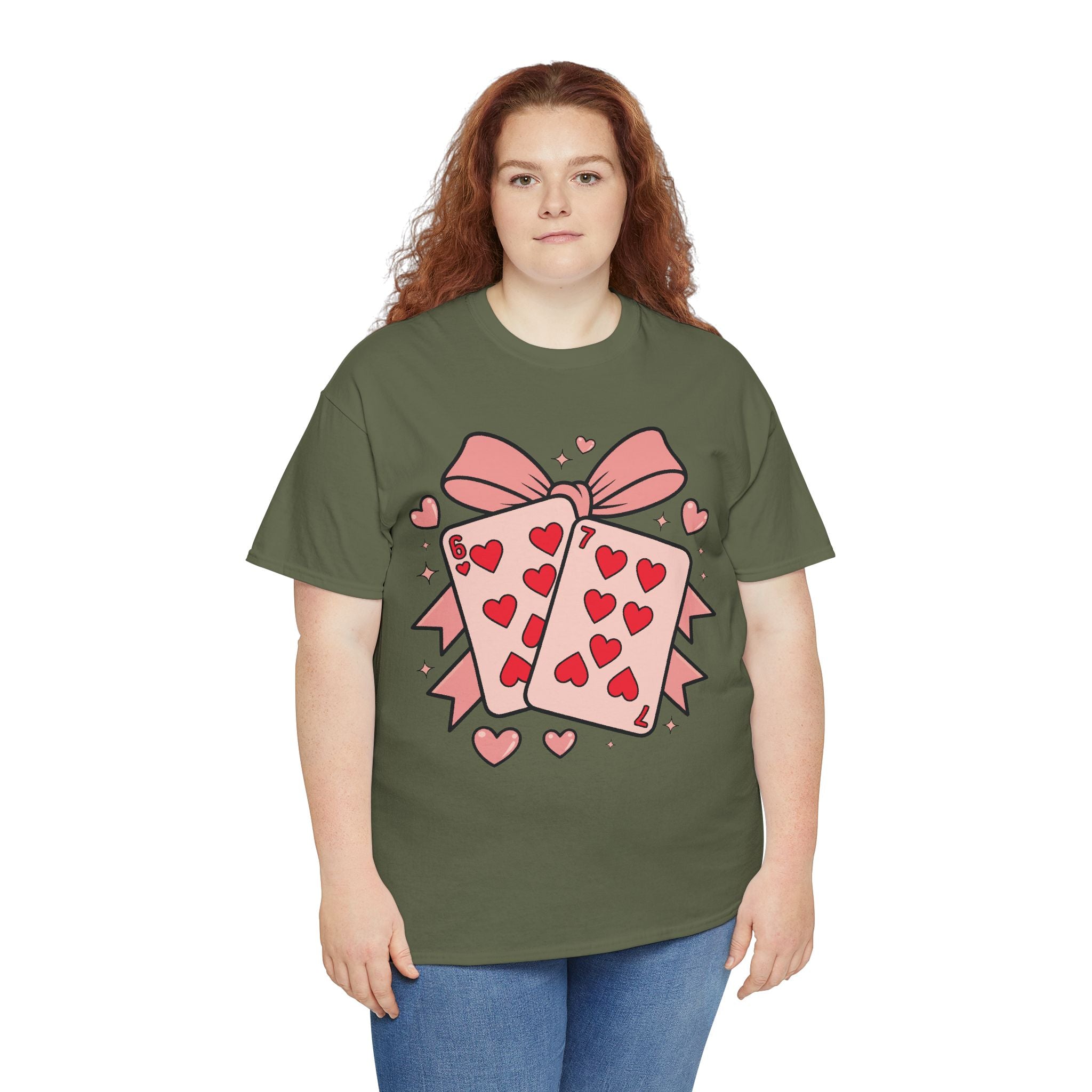6 & 7 of Hearts T-Shirt — Paired Playing Cards with Pink Bow Unisex Cotton Tee
