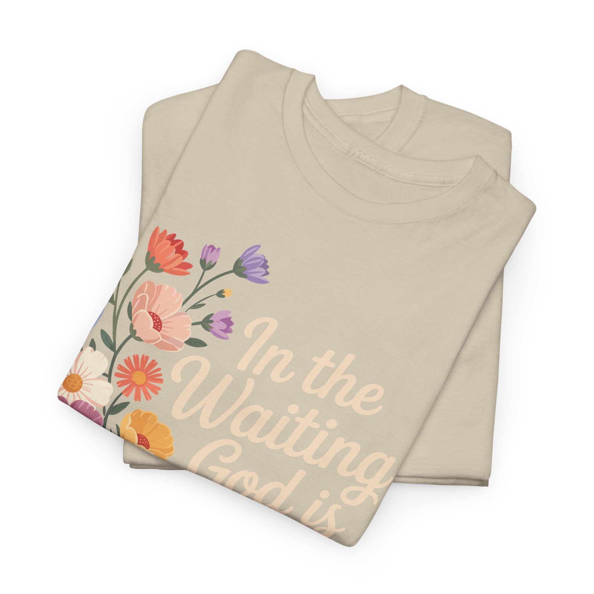 Pastel Floral “In the Waiting God Is Working” Unisex Cotton T-Shirt