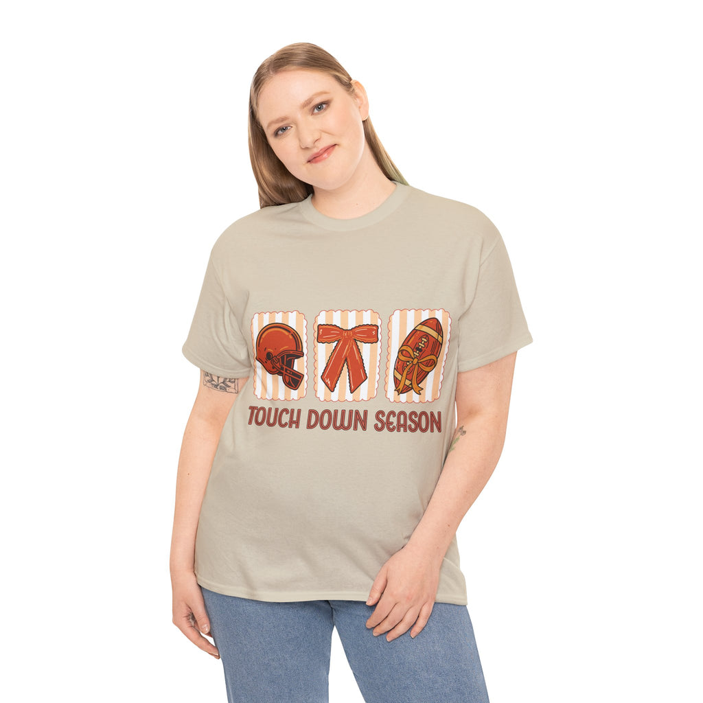 Touch Down Season Football Tee — Striped Fall Helmet & Bow Design Unisex Cotton Tee