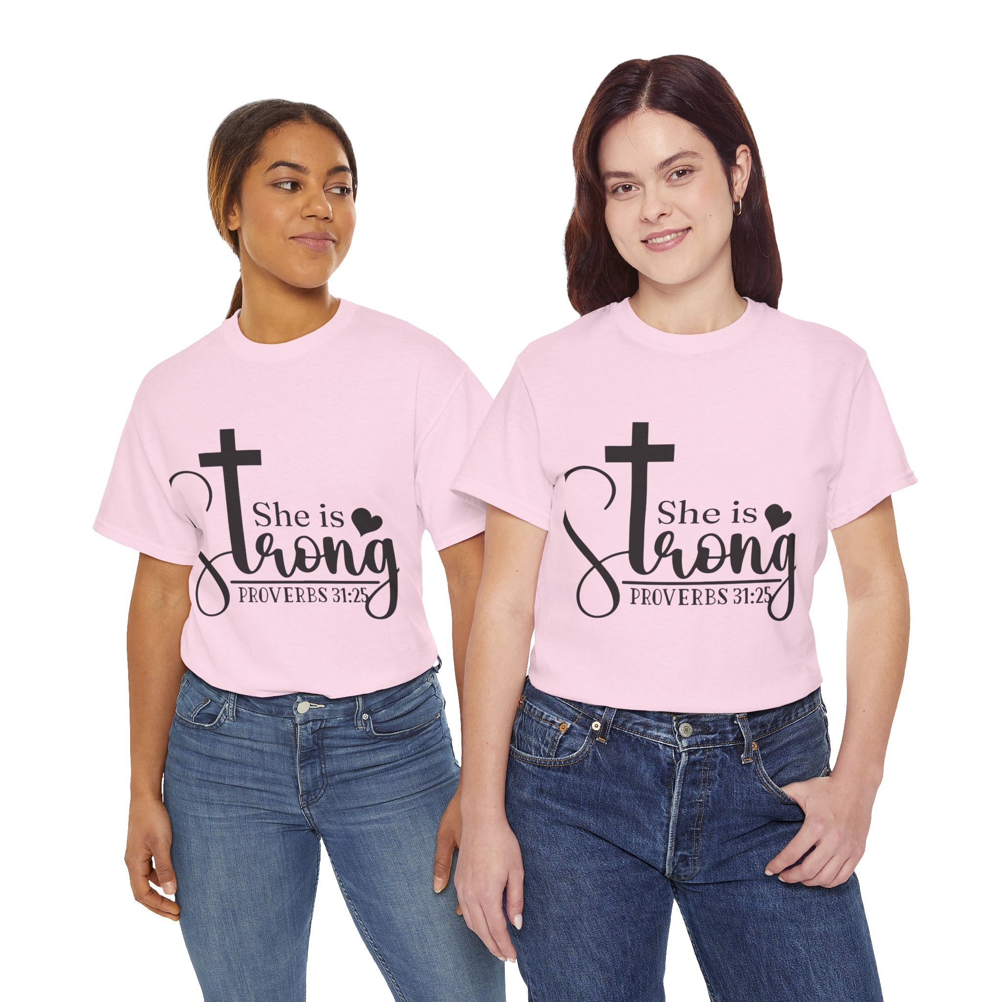 Proverbs 31:25 'She is Strong' T-Shirt – Christian Cross & Heart Unisex Cotton Tee