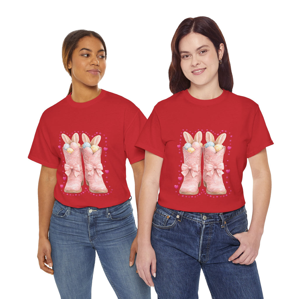 Easter Pink Western Boots Tee — Pastel Bunny Eggs & Bows Unisex Cotton Tee