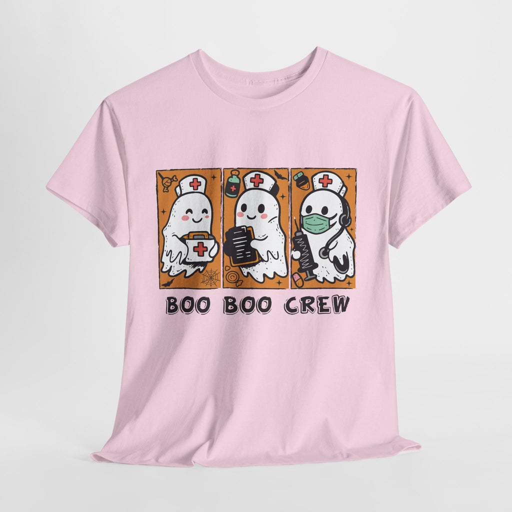 Halloween Nurse T-Shirt — Ghost Nurses Holding Medical Tools on Orange Unisec Cotton Tee