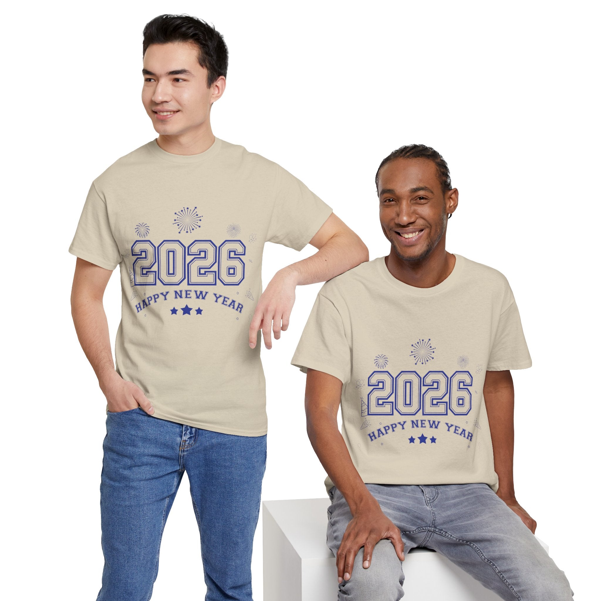 Happy New Year 2026 Varsity Tee — Fireworks & Confetti Celebration Unisex Cotton Tee