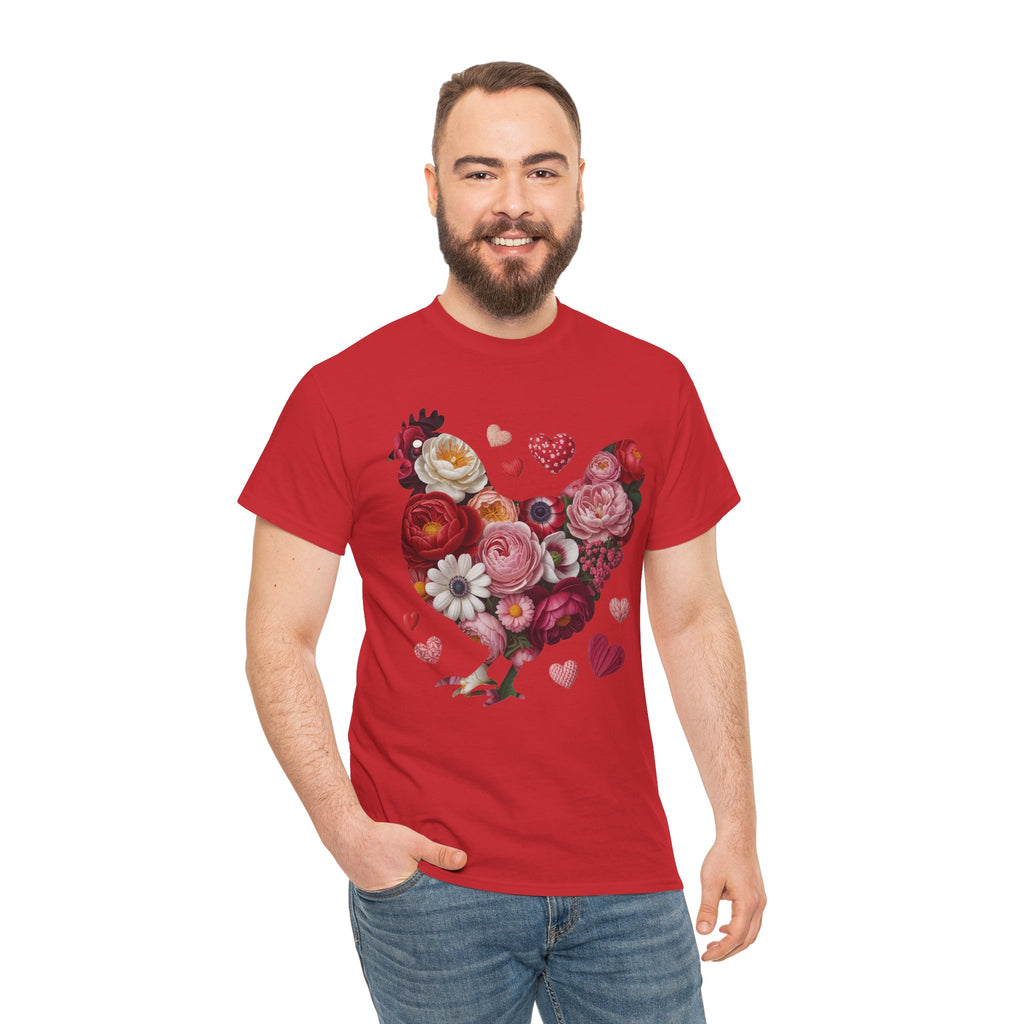Floral Chicken Heart Tee — Red & Pink Flower Silhouette Unisex Cotton Tee