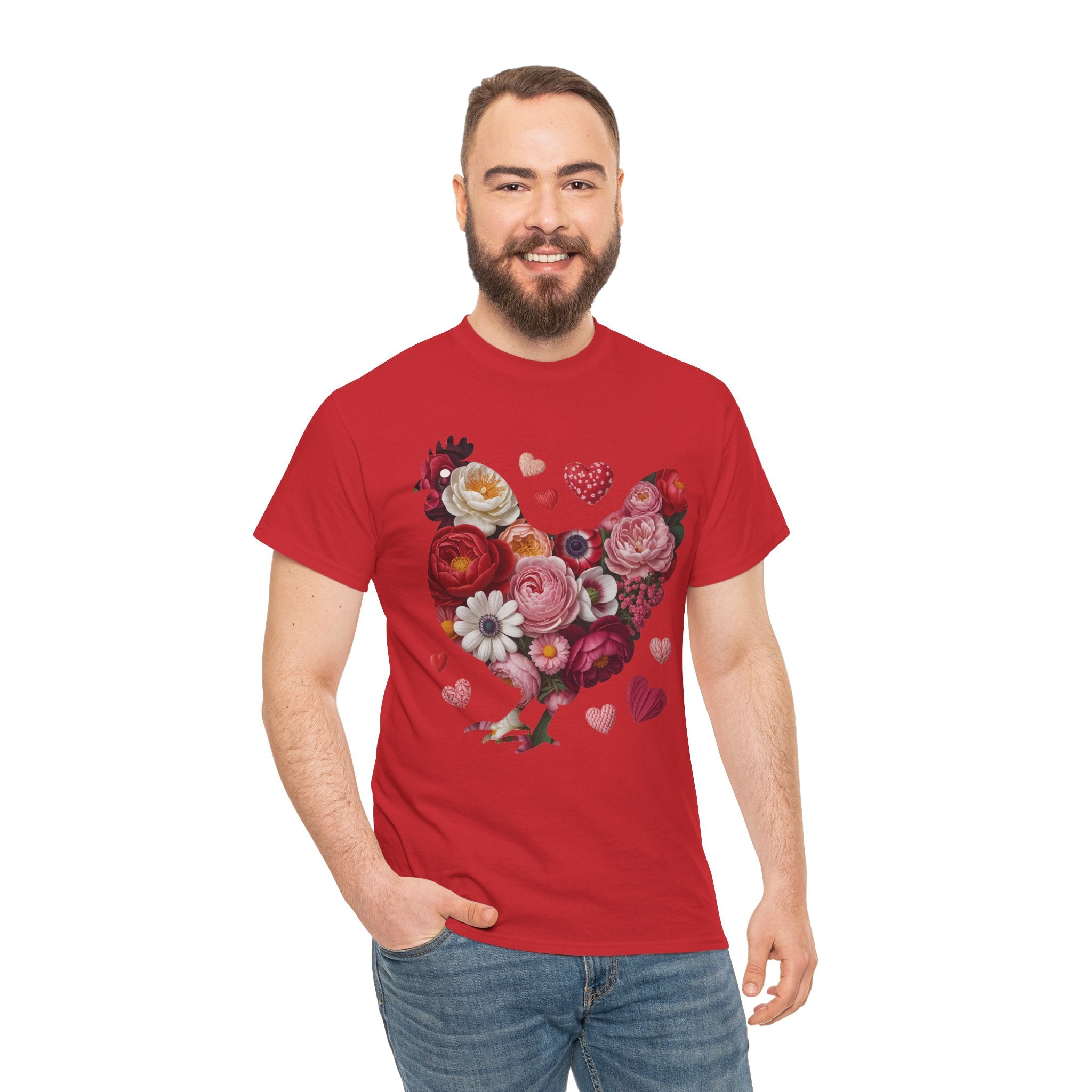 Floral Chicken Heart Tee — Red & Pink Flower Silhouette Unisex Cotton Tee