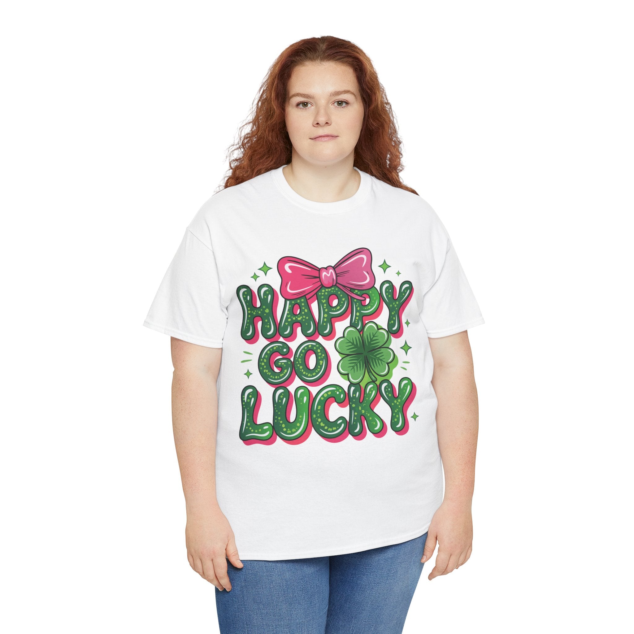 Happy Go Lucky Four-Leaf Clover Tee — Glossy Green Letters & Pink Bow Unisex Cotton Tee